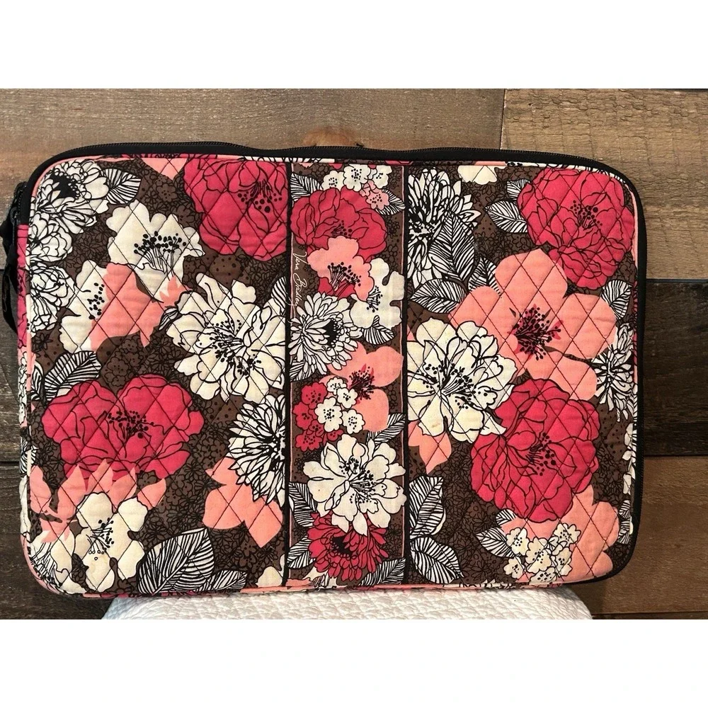 Vera Bradley Laptop Bag Mocha Rouge Zippered Tablet Sleeve Case 14x11 Pink Brown
